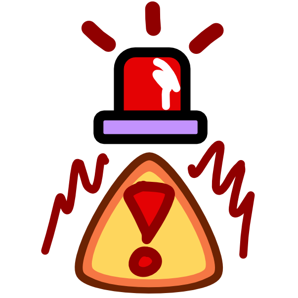a red emergency light sits above a yellow triangle warning sign with a red exclamation point on it.  The emergency light is a simple, rounded, red rectangle with 3 straight emphasis lines above it. Jagged emphasis lines sit radiate from either side of the triangle. The image has dark line art.
